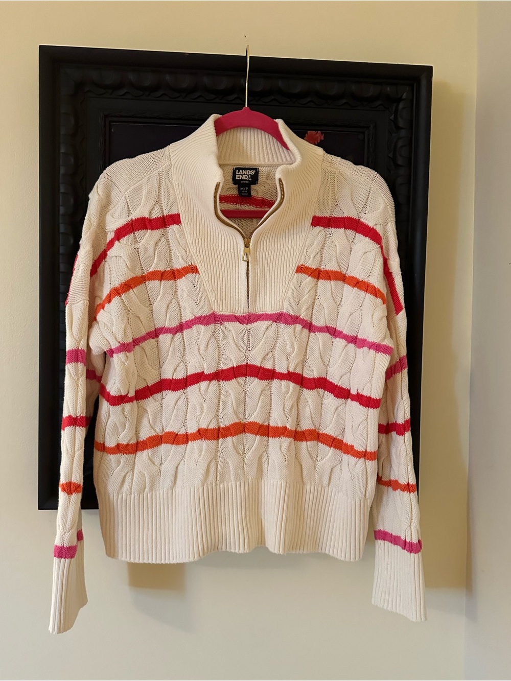Lands' End Cream Cable-Knit Half-Zip Sweater with Pink & Orange Stripes